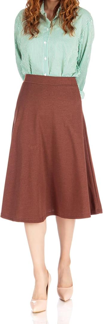 Dani's Choice Everyday High Waist A-line Flared Skater Midi Skirt (Brown, S)