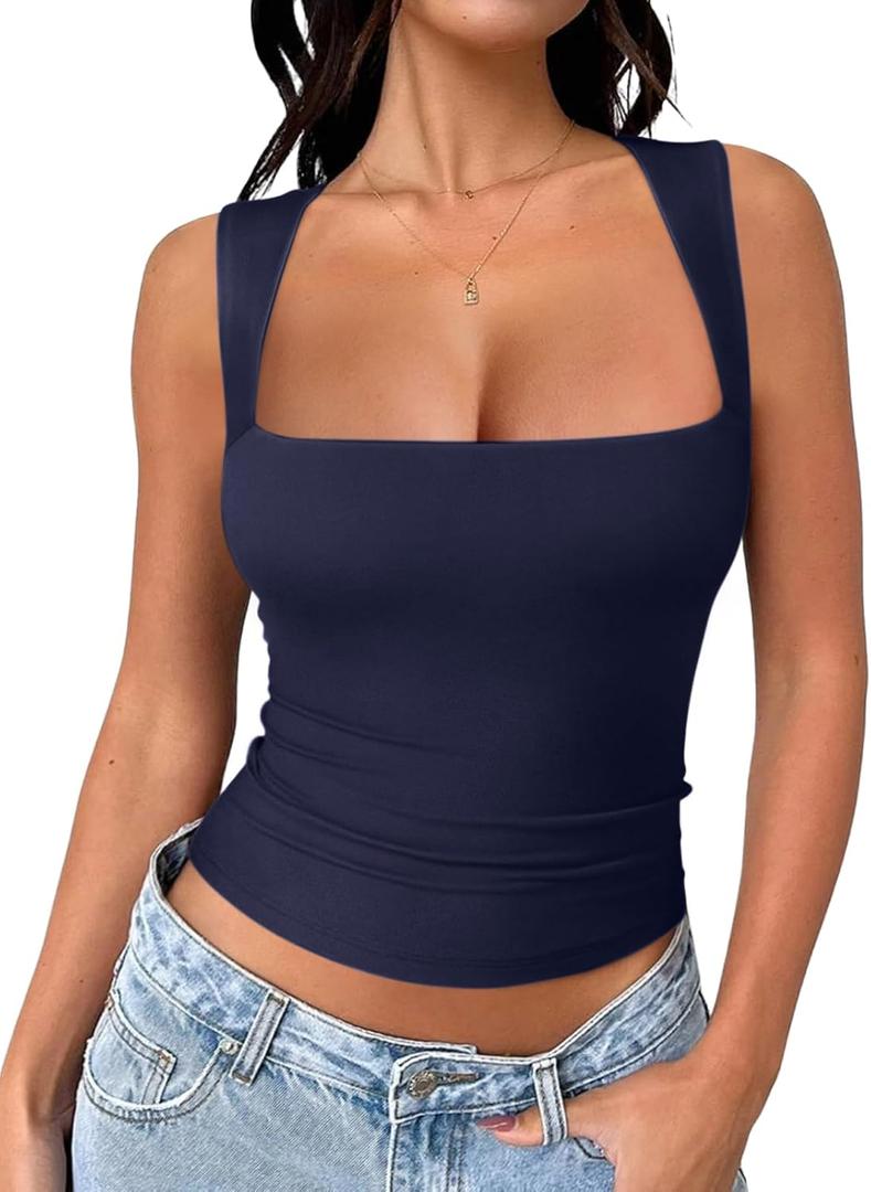 REORIA Butsmooth Women's Square Neck Going Out Crop Tops Double Lined Cute Basic Tank Tops 2026 Clothes (XS)