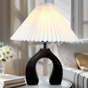 JuGuo 17.2" Ceramic Bedside Lamp - 3 Way Dimmable with USB Port & 4W Bulb - Touch Control Base and Pleated Lampshade - Ideal for Bedroom, Home Office and Living Room Decor.