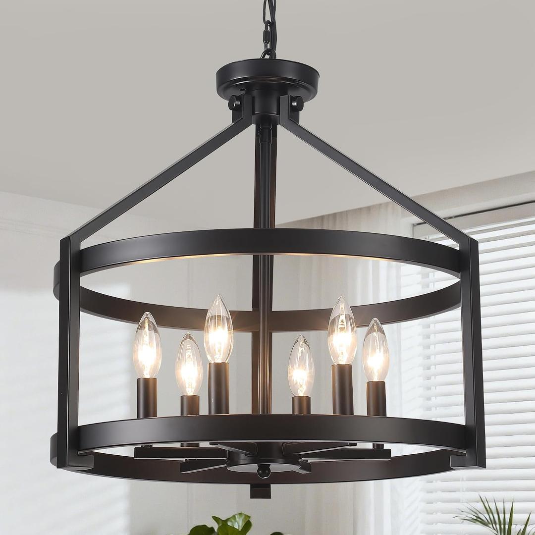 6-Light Large Farmhouse Black Chandelier, 20" Modern Hanging Pendant Lighting, Convertible Semi Flush Mount Ceiling Light Fixture Rustic Vintage Chandeliers for Dining Room Foyer Kitchen Entryway