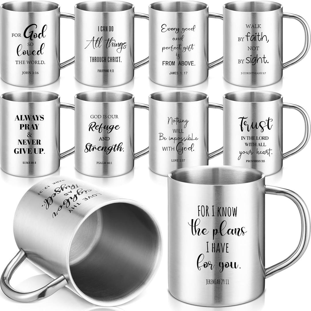 10 Pcs Father's Day Christian Coffee Mug Gifts Bulk 13.5 oz Unbreakable Double Wall Stainless Steel Mug with Handle Inspirational Bible Verse Religious Tumbler for Men Women Pastor