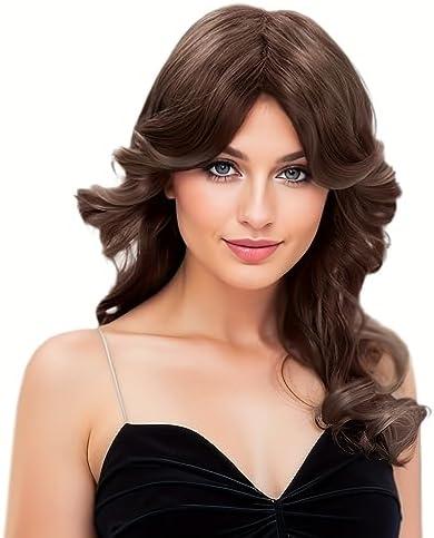 H&Bwig Farrah Fawcett 70s Feathered Disco Wig, Vintage Brown Long Natural Synthetic Wig for Lady, Party Cosplay Costume Fashion Accessory