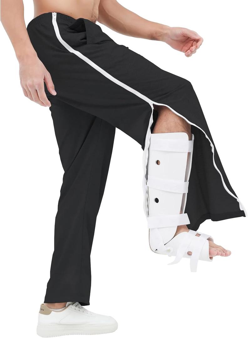 Mens Post Surgery Tearway Pants 2 Side Zippers Basketball Pants Sweatpants (Black, XXL)
