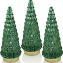 Green Mercury Glass Christmas Tree 3pcs, Tabletop Christmas Tree with Light, Battery Operated Mini Xmas Tree for Fireplace Centerpiece Decorations 10"