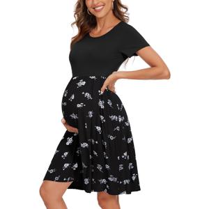 Women's Short Sleeve Maternity Dress Patchwork Pregnancy Clothes with Pockets, Medium