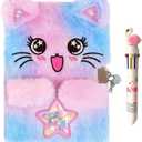 Colorful Cat Diary for Girls Kids Notebook Cute Journal with Lock,Girls Fluffy Plush Diary,Birthday,Christmas,New Year Gift Set for Girls with Multicolored Pen