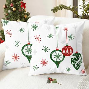 CaliTime Christmas Throw Pillow Covers Decorative 18 X 18 Inches Pack of 2 Cozy Fleece Bells Snowflakes Trees Cushion Cases for Couch Sofa Bed Living Room Farmhouse Christmas Red Green
