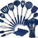 HOTEC 446F Heat Resistant Silicone Kitchen Utensils, BPA Free Cooking Utensil Set, Spatula Set, Kitchen Gadgets, with Stainless Steel Utensils Holder, Dishwasher Safe, 14pcs Classic Blue