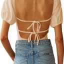 oten Women's Sexy Backless Puff Sleeve Square Neck Tie Back Bodysuit Tops (Medium, Beige)