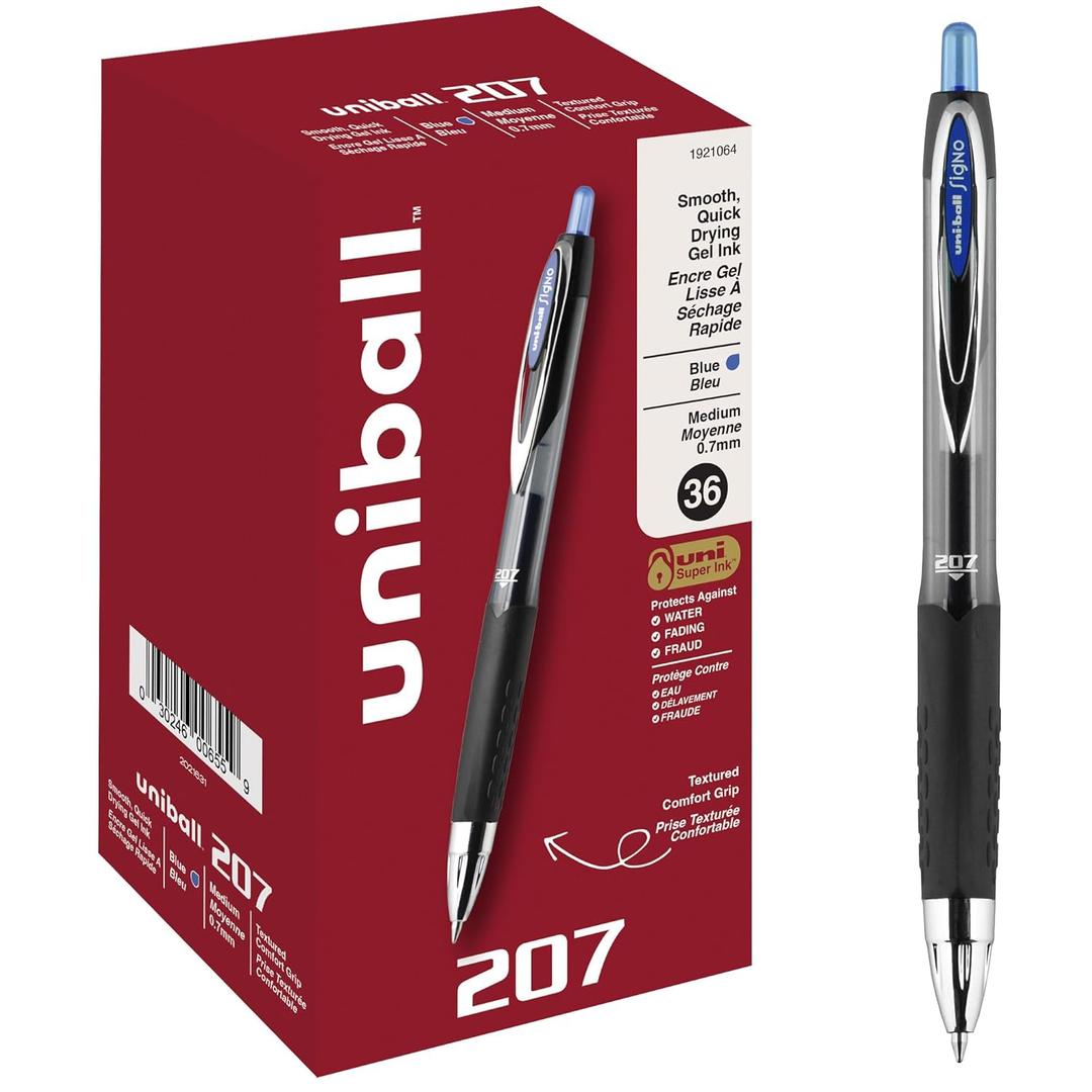 Uni-Ball 207 Retractable Gel Pens, Medium Point (0.7mm), Blue, 36 Count