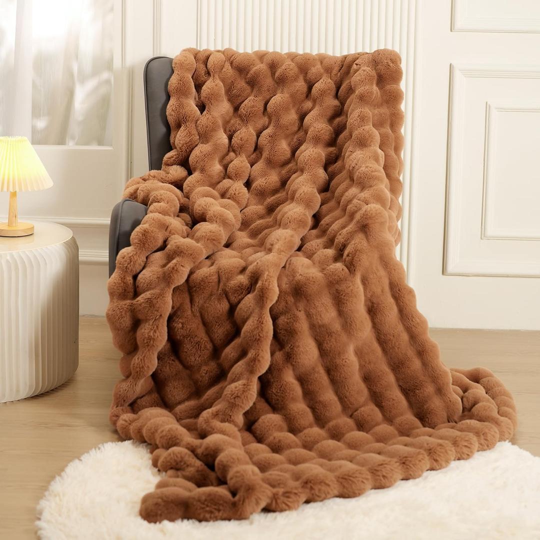 Super Comfort Oversized Warm Thick Bubble Luxury Plush Rabbit Faux Fur Throw Blanket, Fluffy Blanket,Soft Cozy Blanket for Couch Chair Bed Sofa Living Room,Brown 60'' x 80''