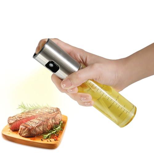 CookLoomara Oil Sprayer for Cooking, 3.5 OZ Olive Oil Dispenser Bottle for Kitchen Gadgets, Food, Air Fryer, Salad, Vinegar, BBQ, Stainless Steel Pump for Mist Spray, Glass Metarial Mister, 100 ML