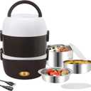 3 Layers Electric Warmer Lunch Box Food Heater Portable Bento Rice Cooker Office Lunch Containers Warming Home Food Grade Material Steamer with Stainless Steel Bowls, Egg Steaming Rack -Brown