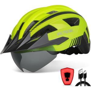 VICTGOAL Bike Helmet with USB Rechargeable Rear Light Detachable Magnetic Goggles Removable Sun Visor Mountain & Road Bicycle Helmets for Men Women Adult Cycling Helmets