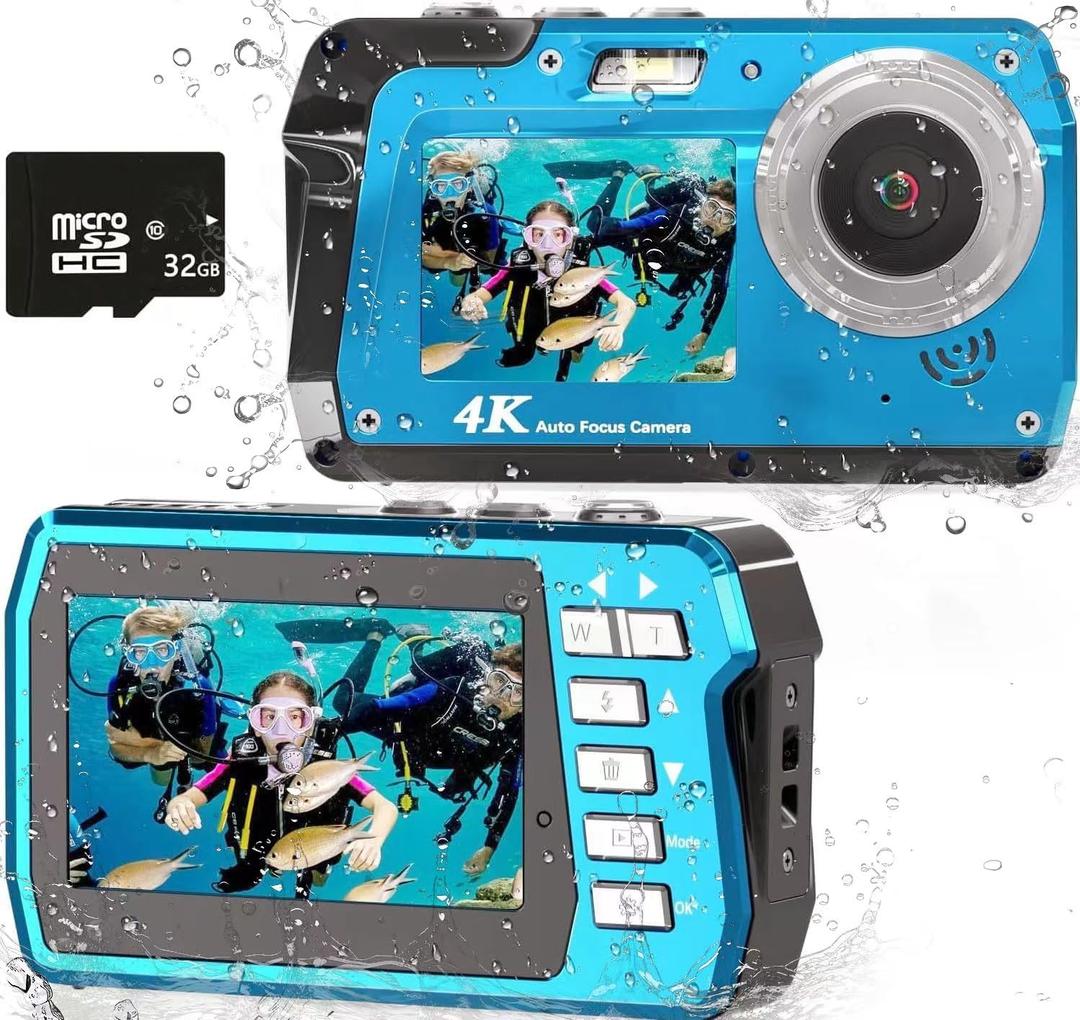 Waterproof Digital Camera, Underwater Camera with 32GB Card(Installed), 4K FHD 48MP Dual-Screen Selfie Under Water Camera for Photography, 10FT Waterproof Camera for Snorkeling, Surfing, Rafting (Blue)