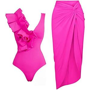 IDOPIP Women's One Piece Swimsuit with Beach Cover up Wrap Skirt Sarong Halter Floral Print Bikini Set Two Piece Bathing Suit, Size L
