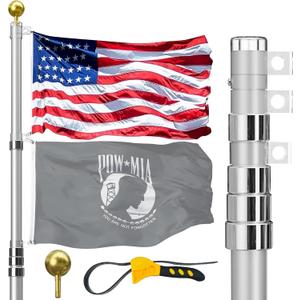 20FT Telescoping Flag Pole for Outside House, Extra Thick Telescopic Flagpole with USA Flag, Inground Outdoor Use, Camper RV, Residential & Commercial, Complete Hardware & Top Ball (Silver)
