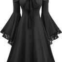 DRESSFO Women's Gothic Off Shoulder A-Line Mini Dress with Lace Trim and Flare Sleeves (Medium)