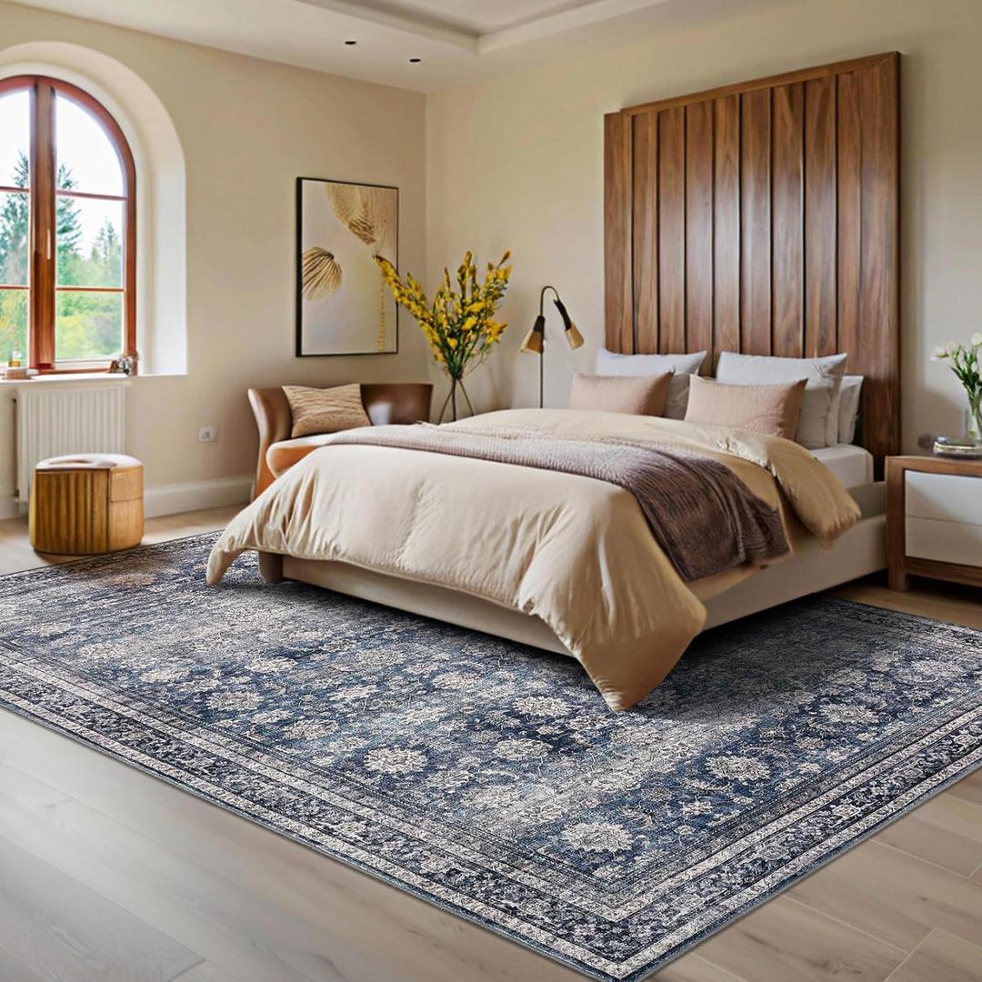 GarveeHome Area Rugs 3x5 Vintage Printed Floor Carpet with Non-Slip Backing, Stain-Resistant Oriental Throw Bedside Washable Farmhouse Low Pile Rugs for Living Room, Bedroom, Office, Blue (Denim / Multi)