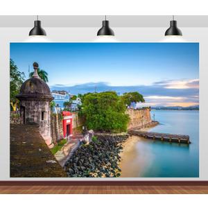 BELECO 7x5ft Fabric San Juan Backdrop Puerto Rico Caribbean Coast Along Paseo de la Princesa Background for Party Decorations Home Wall Decor Photoshoot Studio Props