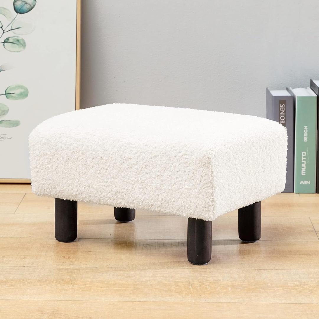 Small Beige Fur Padded Foot Stool, Storage Ottoman Foot Rest with Wooden Legs, 9.5Inch, Modern Rectangle Chair Foot Rest Foot Step Stool for Living Room, Couch, Desk