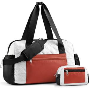 Small Gym Bag for Women, Mini Sports Duffle Bag for Workout Dance Ballet Yoga Gymnastics, Quilted Lightweight Puffer Travel Tote with Detachable Coin Purse & Wet Pocket, Beige-black-brown (S(14" x 6" x 10"))