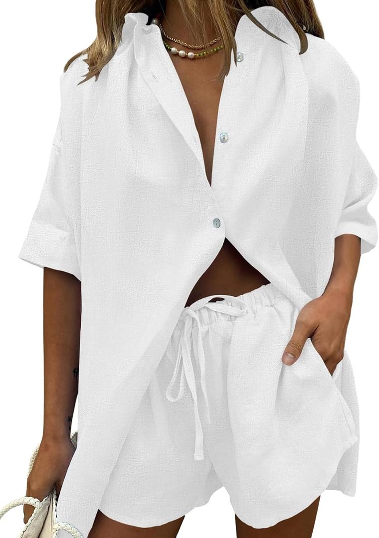 Fixmatti Women 2 Piece Outfit Summer Short Sleeve Top and Shorts Sweatsuit Set (Large, Z-white)