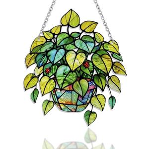 Plant Suncatcher Glass, Stained Glass Suncatcher Plant Window Hanging, Unique Nature Lover Gifts Leaf