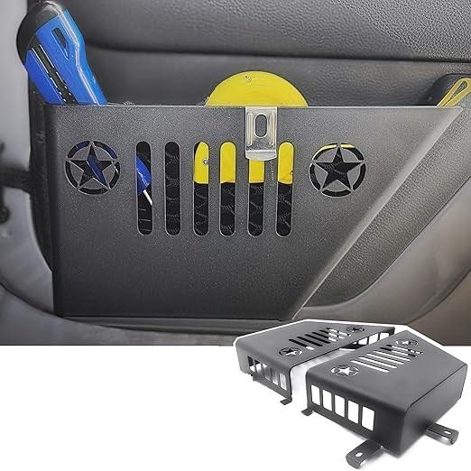 MEAUTELE Metal Front Door Storage Box Black Door Side Insert Organizer Box Pockets for 2007-2018 Jeep Wrangler JK 2/4 Door 2pcs Grille front face design (Grille Front Door)
