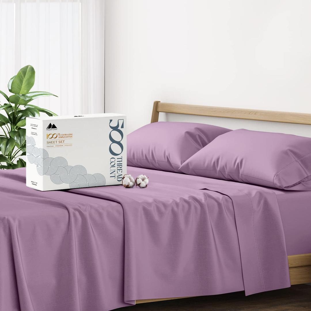 Mayfair Linen 500 Thread Count 100% Cotton Sheets King Size Bed Set - 4 PC King Bed Sheet Set Cotton (Plum), Soft, Cooling, Sateen Weave 16" Deep Pocket Bedsheet for Hot Sleepers (Fits 18" Mattress)