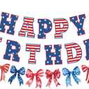 Bow Patriotic Happy Birthday Banner,4th/Fourth of July Decorations, Red White and Blue Independence Day Birthday Garland, Memorial Day Decorations for Indoor Outdoor