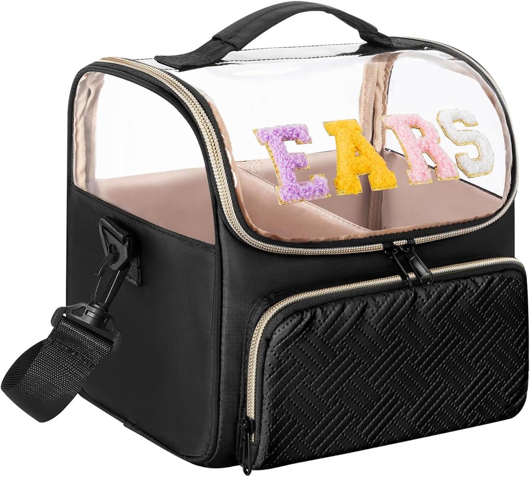 Mouse Ears Travel Case with Detachable Divider, Headband Holder Organizer Bag with Shoulder Strap, Chenille Letter Hair Accessories Storage Box, Black with Gold Zipper