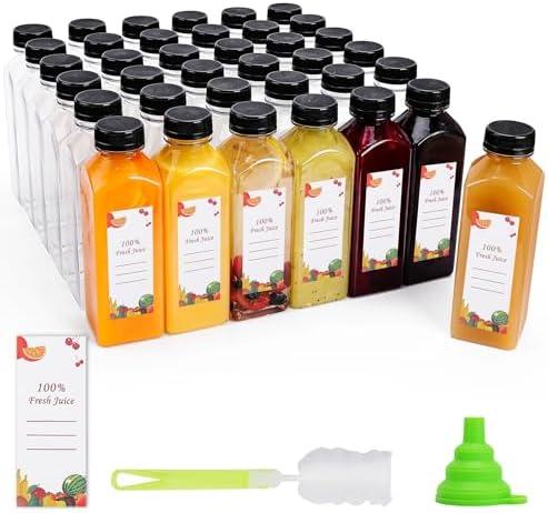 OBKJJ Plastic Juice Bottles 150 pcs 16 oz Empty Plastic Water Bottles with Caps Reusable Clear Beverage Containers for Drinking, Juicing, Smoothie, Water with 2 Brushes, 2 Funnels (16-OZ)