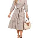YEXPINE Women's Gingham Maxi Dress Puff Sleeve V-Neck Button Down Flowy Tiered Belted Dress Brown, Small