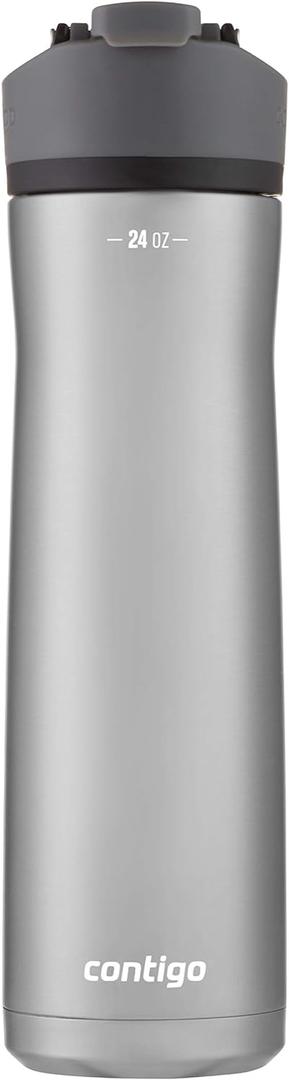 Contigo Cortland Chill 2.0 Vacuum-Insulated Stainless Steel Water Bottle, Spill-Proof Sip Technology, Interchangeable Lid, 24oz, Steel/Licorice, Perfect for Fitness Travel Everyday Use (24oz (Single Pack))
