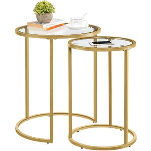 Yaheetech Round Nesting Side Table Stacking Coffee Table, Set of 2 Circular End Tables w/Metal Frame & Tempered Glass Top & Protective Foot Pads for Small Space Living Room Office, Mustard Gold