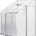 Outsunny 6' x 4' Aluminum Lean-to Greenhouse Polycarbonate Walk-in Garden Greenhouse with Adjustable Roof Vent, Rain Gutter and Sliding Door for Winter, Clear
