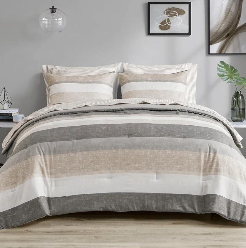Madison Park Essentials Queen Comforter Set, Bed in A Bag Comforter & Sheet Set, Modern Casual Stripes Print, All Seasons, Soft Microfiber Bedding Makeover, Matching Shams, Queen Taupe/Grey 7 Piece