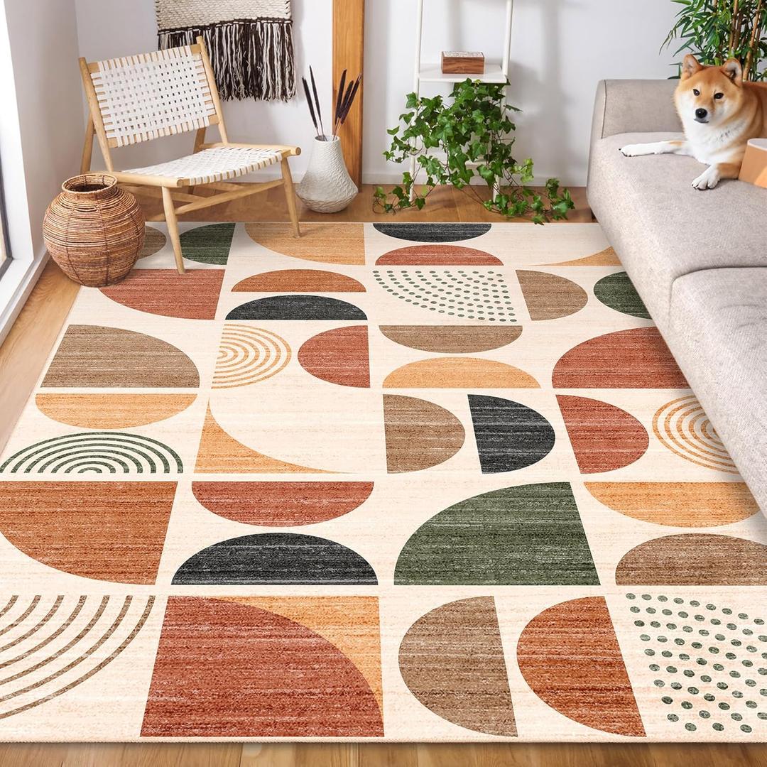 5x7 Area Rugs Washable,Boho Rugs for Living Room Bedroom Dining Room, Large Throw Floor Carpet Non Slip Soft Modern Abstract Bohemian Terracotta