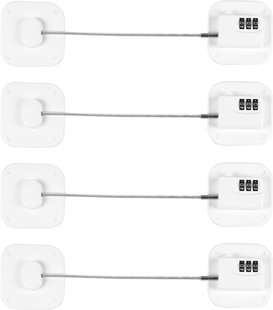 Refrigerator Lock, Heavy Duty Fridge Lock, Combination Lock for Refrigerator Cabinets, Drawers, Safety Lock, Easy Install No Keys Needed (White-4Pack)