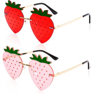 Rimless Strawberry Shape Sunglasses for Women Men Party Halloween Christmas Cosplay Glasses Prom Accessories (Red+pink)