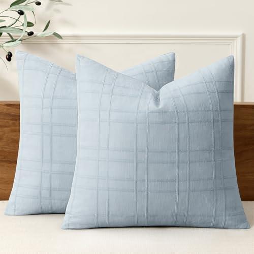 MIULEE Decorative Linen Check Throw Pillow Covers Neutral Farmhouse Vintage Pillow Covers 20x20 Set of 2 Boho Modern Home Decor for Sofa Couch Bedroom Cushion Coastal Blue