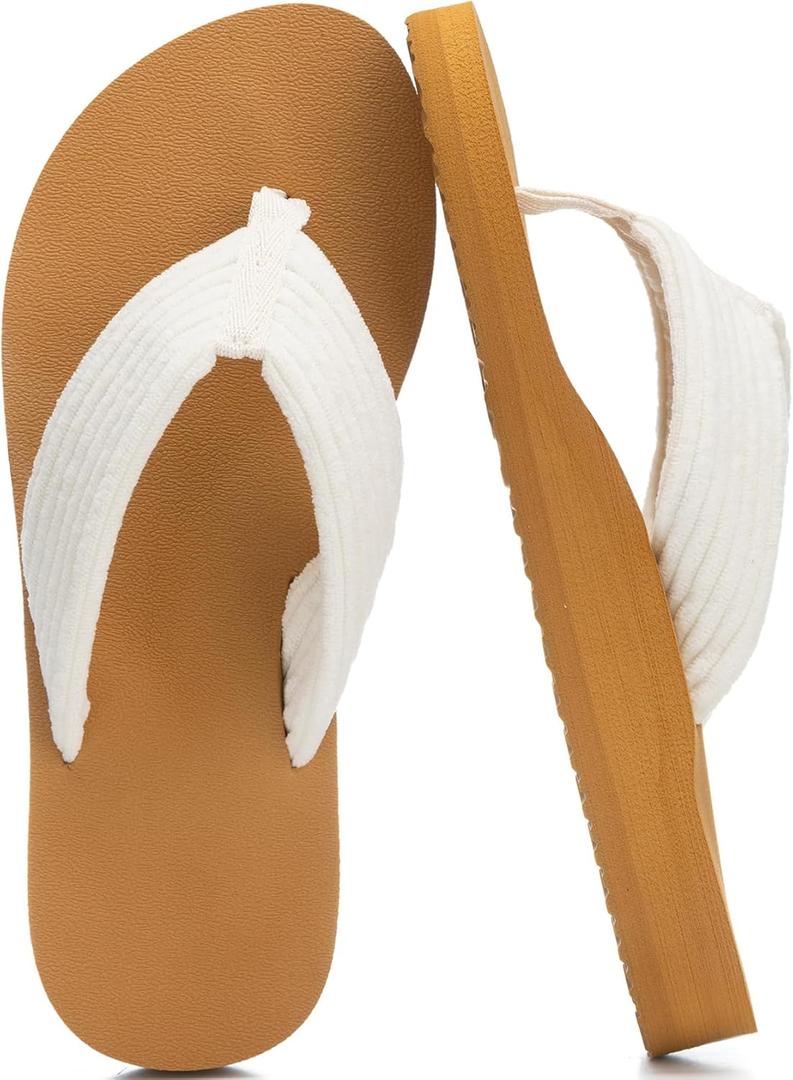Flip Flops for Women With Arch Support Women's Sandals Comfortable Yoga Mat Corduroy Summer Beach Walking Thong Slides Shoes Slip On Indoor Outdoor (10.6, White Khaki)