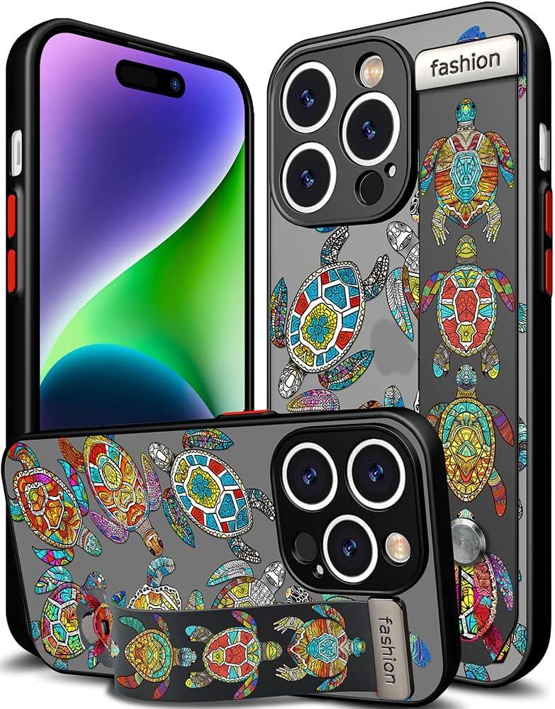 Compatible for iPhone 14 Pro Max Case Cute with Strap Stand Finger Kickstand, Designer Cool Silicone Cases Funda Cover - Blue Sea Turtles