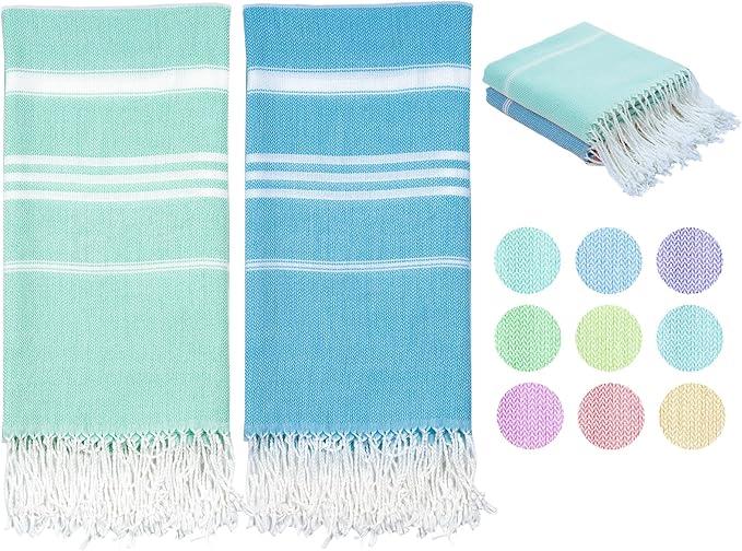 Widdonen Thin Turkish Beach Towel Lightweight Quick Dry Absorbent Cotton Bathroom Bath Pool Swim Towels Extra Large Oversized Sand Free Beach Accessories Essentials Cloud Gifts for Adult, 2 Pack Aqua Blue Fan