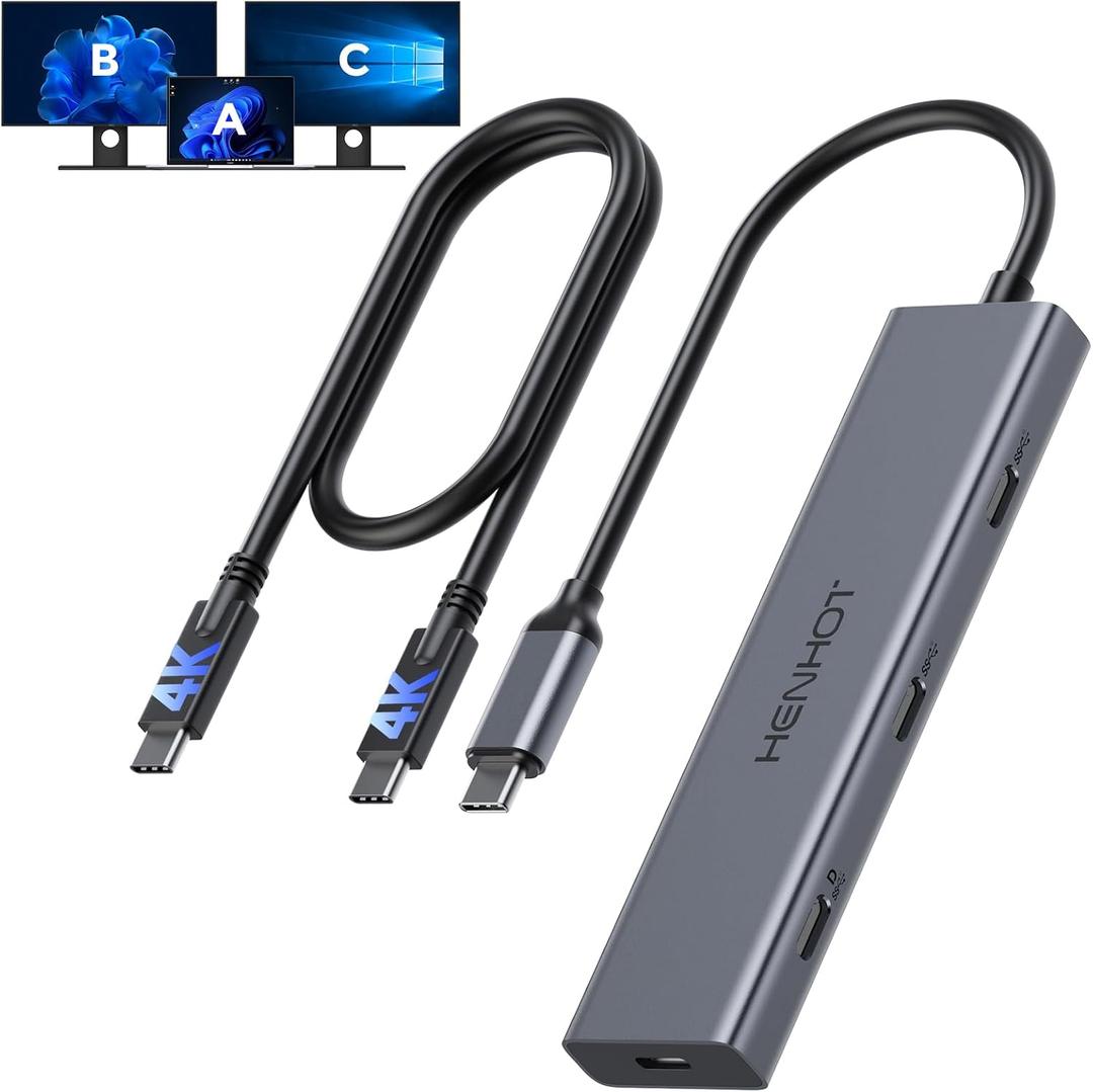 USB C Video Splitter Dual Monitor, 4Port Docking Station with USBC 3.2 Gen 2 10Gbps, Supports USBC PD Monitor, Portable Screen, Video Output 4K@3060Hz,100W PD, for Win/Chrome Laptop, AR Glasses