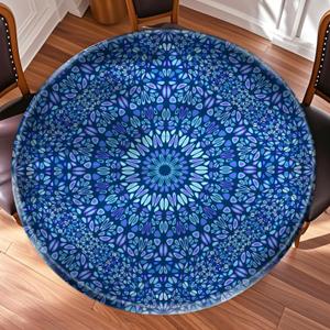 52 Inch Blue Boho Round Patio Table Protector for Kitchen,Mandala Table Cloth Round Cover with Elastic Edge, Waterproof Picnic Circle Tablecloth for Dinner, Outdoor, Party, Camping, BBQ (Pattern 01)