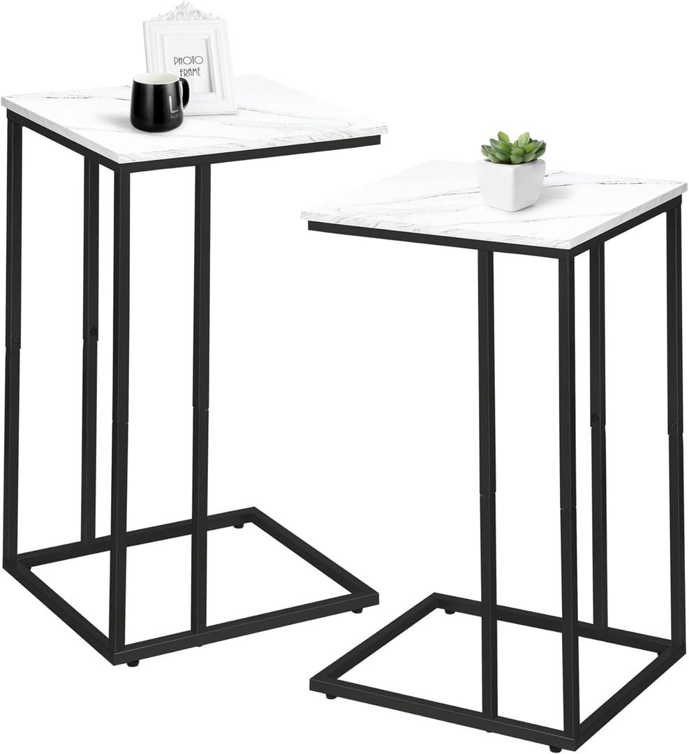 C Shaped Side Table Set of 2, Marble End Table for Sofa and Bed, Couch Table That Slide Under, Snack Side Table for Living Room, Bedroom or Small Spaces, White and Black