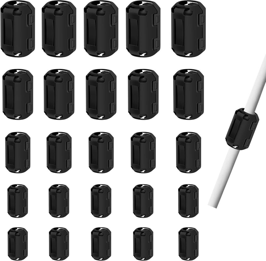 25Pcs Clip-on Ferrite Core Bead Rings EMI/RFI Noise Suppressor for 3.5mm/ 5mm/ 7mm/ 9mm/ 13mm Diameter Cable, Black