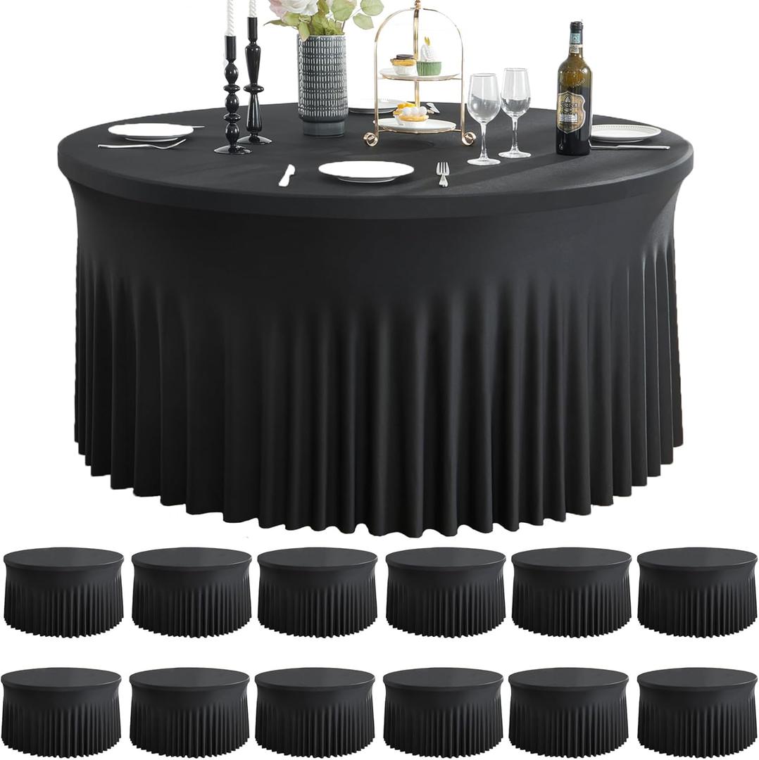 12 Pack Black Round Spandex Tablecloth for 60 inch Table, Wrinkle Free Stretchy 120inch Fitted 5FT Round Table Cloths Cover with Skirt for Wedding Birthday Party Dining Banquet Events